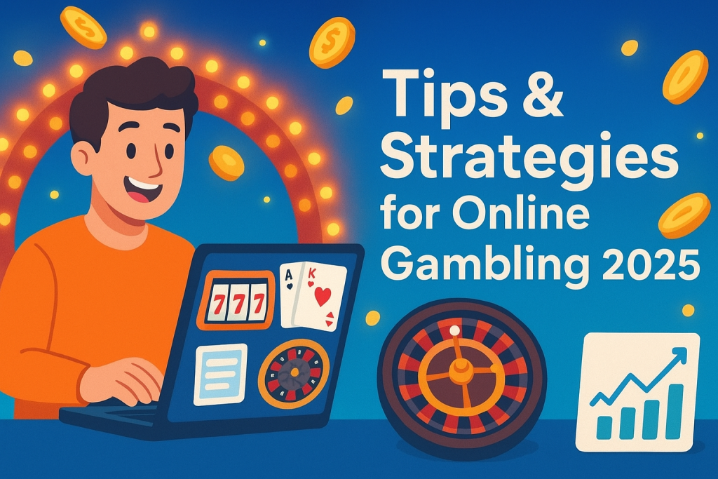 Cartoon banner illustration of a cheerful person using a laptop with online gambling icons including slot machine, poker cards, and roulette wheel, with glowing casino lights, floating gold coins, and the text Tips & Strategies for Online Gambling 2025"