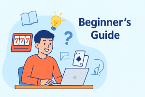 Cartoon illustration of a young person happily learning online gambling basics on a laptop, surrounded by playful icons like cards and slot reels