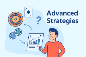 Flat cartoon illustration of casino strategy icons including blackjack cards, a roulette wheel, and slot machine symbols, representing advanced gambling strategies