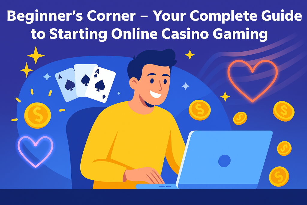Beginner’s Corner online casino guide illustration showing a smiling player at a laptop with cards, coins, and roulette-themed icons in a colorful background.