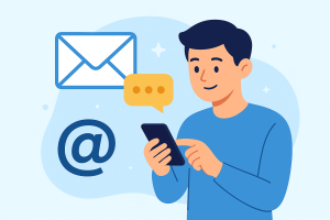 Flat-style illustration of a contact page with email, phone, and chat icons representing ways to reach customer support.